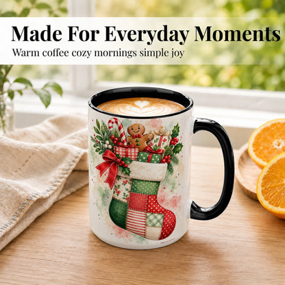 #pl[15oz|Black] Watercolor Gingerbread Stocking Coffee Mug, Holiday Mug, Ceramic Cup