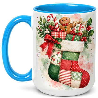 #pl[15oz|Blue] Watercolor Gingerbread Stocking Coffee Mug, Holiday Mug, Ceramic Cup