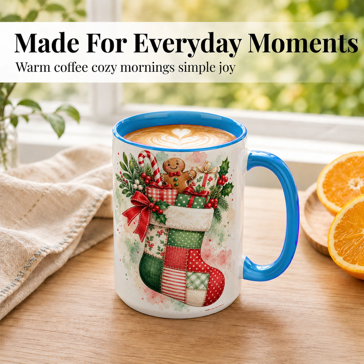 #pl[15oz|Blue] Watercolor Gingerbread Stocking Coffee Mug, Holiday Mug, Ceramic Cup