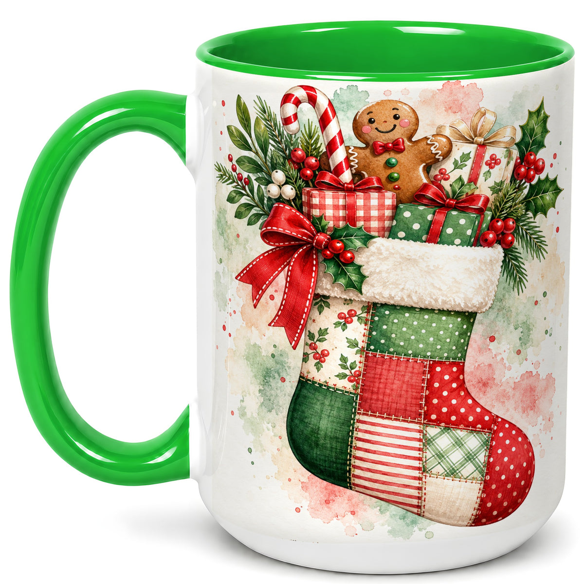 #pl[15oz|Green] Watercolor Gingerbread Stocking Coffee Mug, Holiday Mug, Ceramic Cup