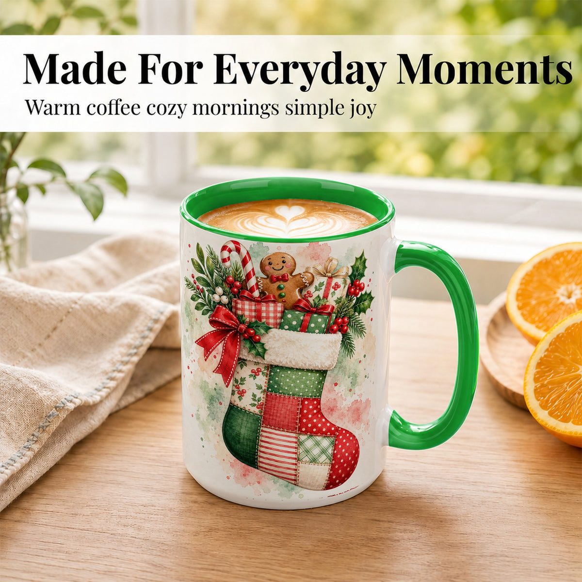 #pl[15oz|Green] Watercolor Gingerbread Stocking Coffee Mug, Holiday Mug, Ceramic Cup