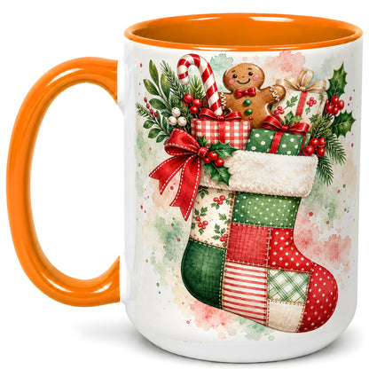 #pl[15oz|Orange] Watercolor Gingerbread Stocking Coffee Mug, Holiday Mug, Ceramic Cup