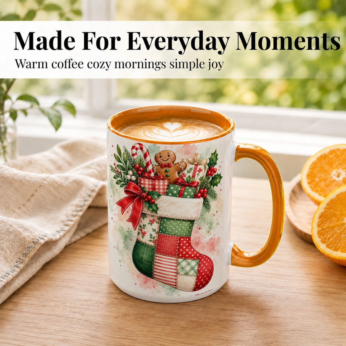 #pl[15oz|Orange] Watercolor Gingerbread Stocking Coffee Mug, Holiday Mug, Ceramic Cup