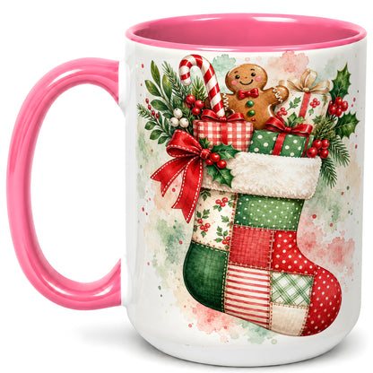 #pl[15oz|Pink] Watercolor Gingerbread Stocking Coffee Mug, Holiday Mug, Ceramic Cup