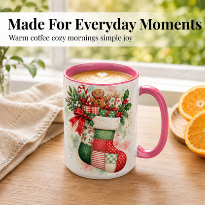 #pl[15oz|Pink] Watercolor Gingerbread Stocking Coffee Mug, Holiday Mug, Ceramic Cup