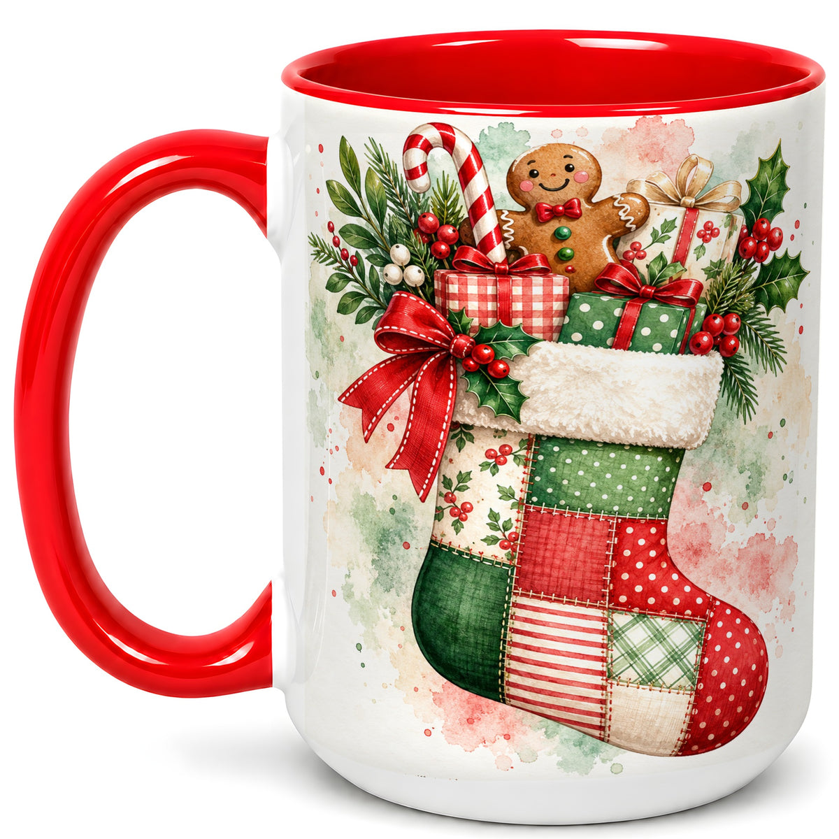 #pl[15oz|Red] Watercolor Gingerbread Stocking Coffee Mug, Holiday Mug, Ceramic Cup