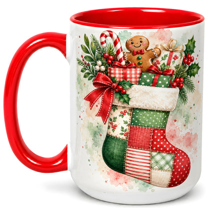 #pl[15oz|Red] Watercolor Gingerbread Stocking Coffee Mug, Holiday Mug, Ceramic Cup