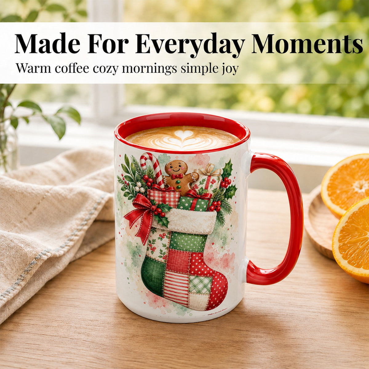 #pl[15oz|Red] Watercolor Gingerbread Stocking Coffee Mug, Holiday Mug, Ceramic Cup