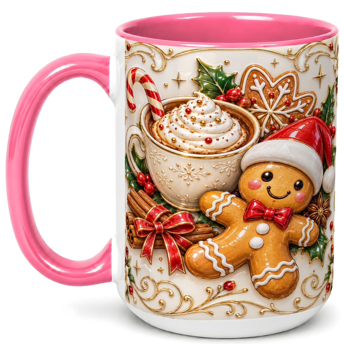 #pl[15oz|Pink] Gingerbread Cocoa Coffee Mug, Christmas Mug, Ceramic Cup