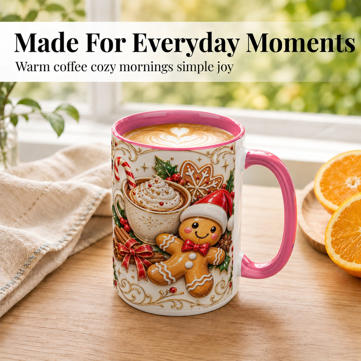 #pl[15oz|Pink] Gingerbread Cocoa Coffee Mug, Christmas Mug, Ceramic Cup