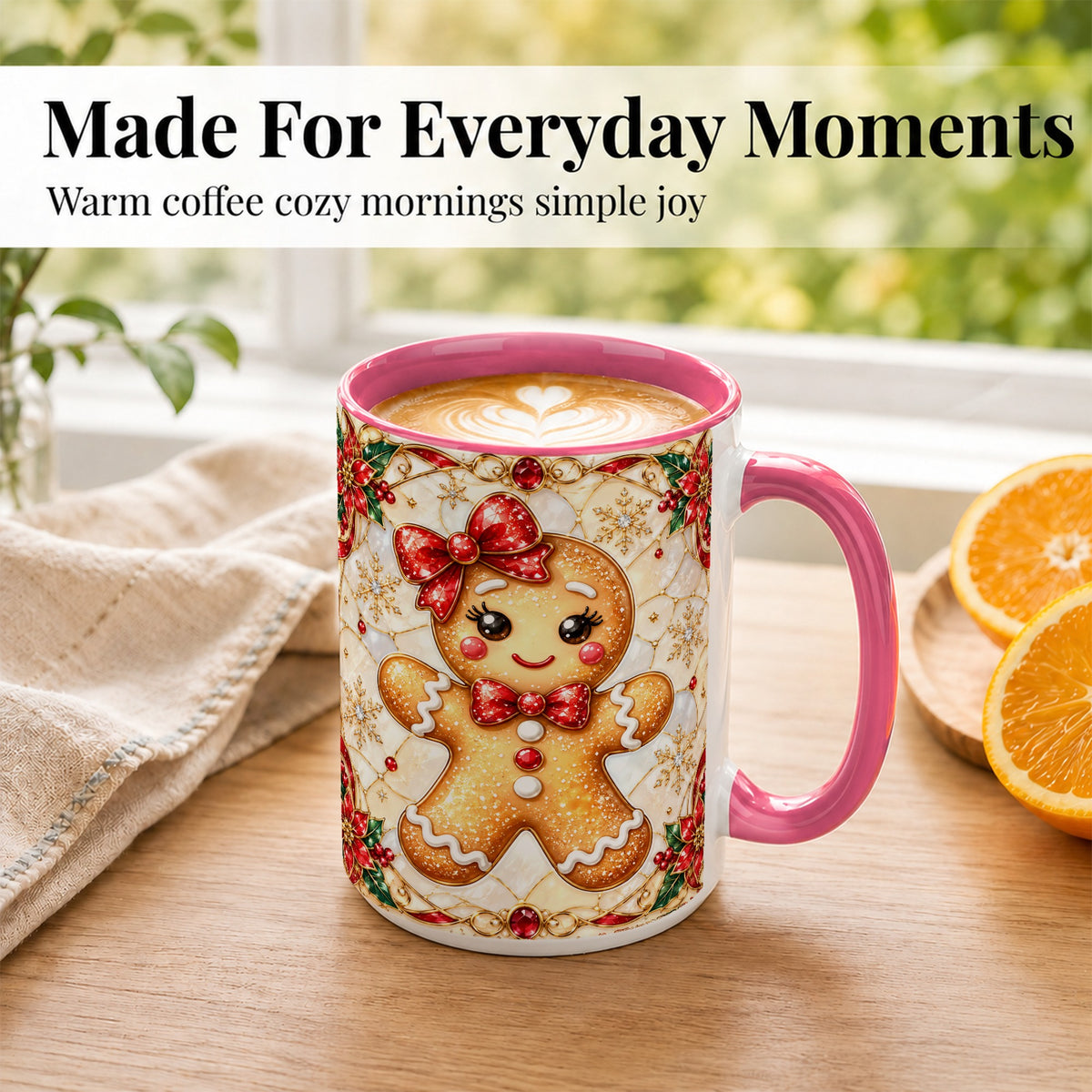#pl[15oz|Pink] Gingerbread Girl Coffee Mug, Christmas Mug, Ceramic Cup