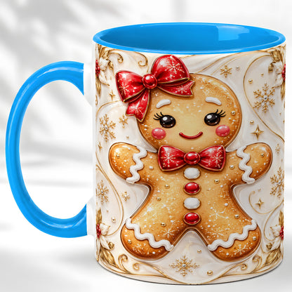 #pl[11oz|Blue] Gingerbread Girl Coffee Mug, Gold Christmas Mug, Ceramic Cup