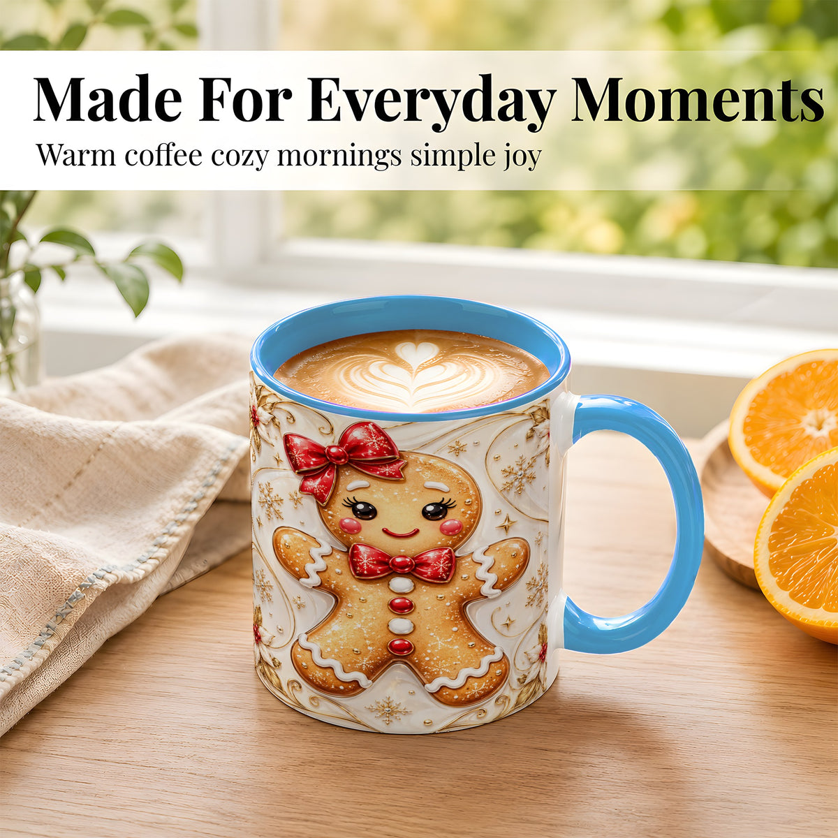#pl[11oz|Blue] Gingerbread Girl Coffee Mug, Gold Christmas Mug, Ceramic Cup