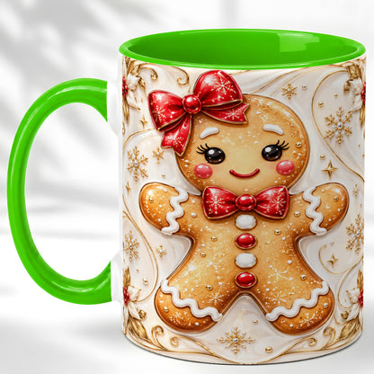 #pl[11oz|Green] Gingerbread Girl Coffee Mug, Gold Christmas Mug, Ceramic Cup