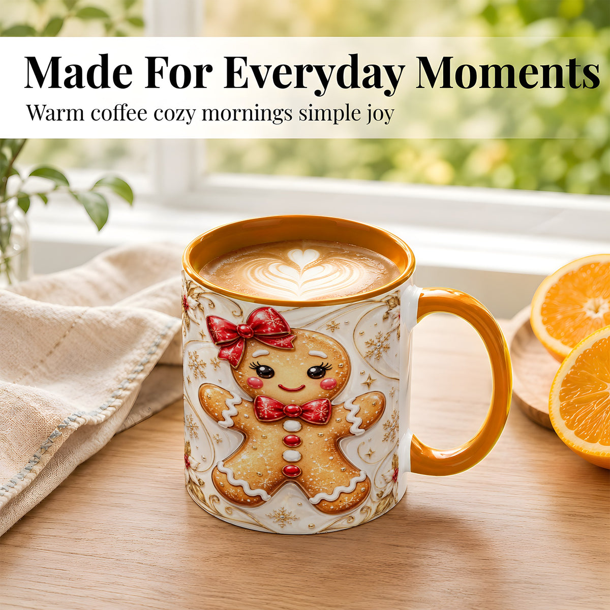 #pl[11oz|Orange] Gingerbread Girl Coffee Mug, Gold Christmas Mug, Ceramic Cup