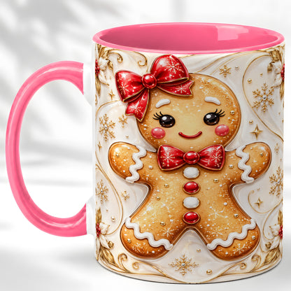#pl[11oz|Pink] Gingerbread Girl Coffee Mug, Gold Christmas Mug, Ceramic Cup