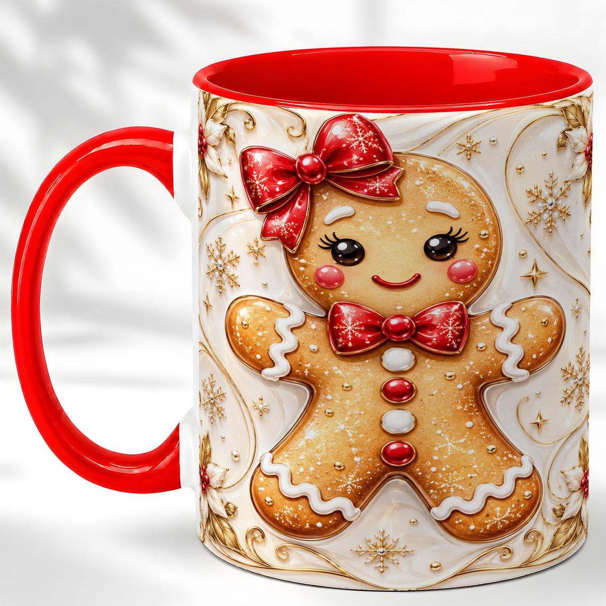 Gingerbread Girl Coffee Mug, Gold Christmas Mug, Ceramic Cup