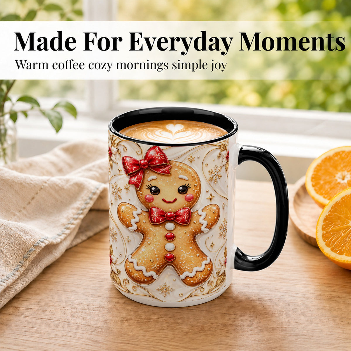 #pl[15oz|Black] Gingerbread Girl Coffee Mug, Gold Christmas Mug, Ceramic Cup