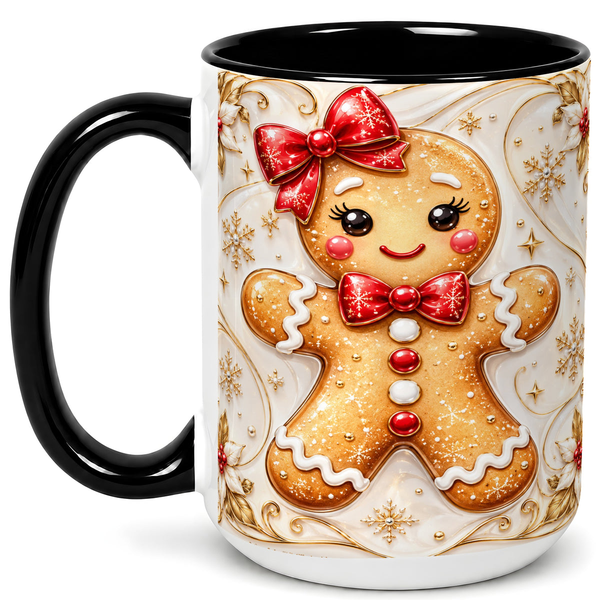 #pl[15oz|Black] Gingerbread Girl Coffee Mug, Gold Christmas Mug, Ceramic Cup