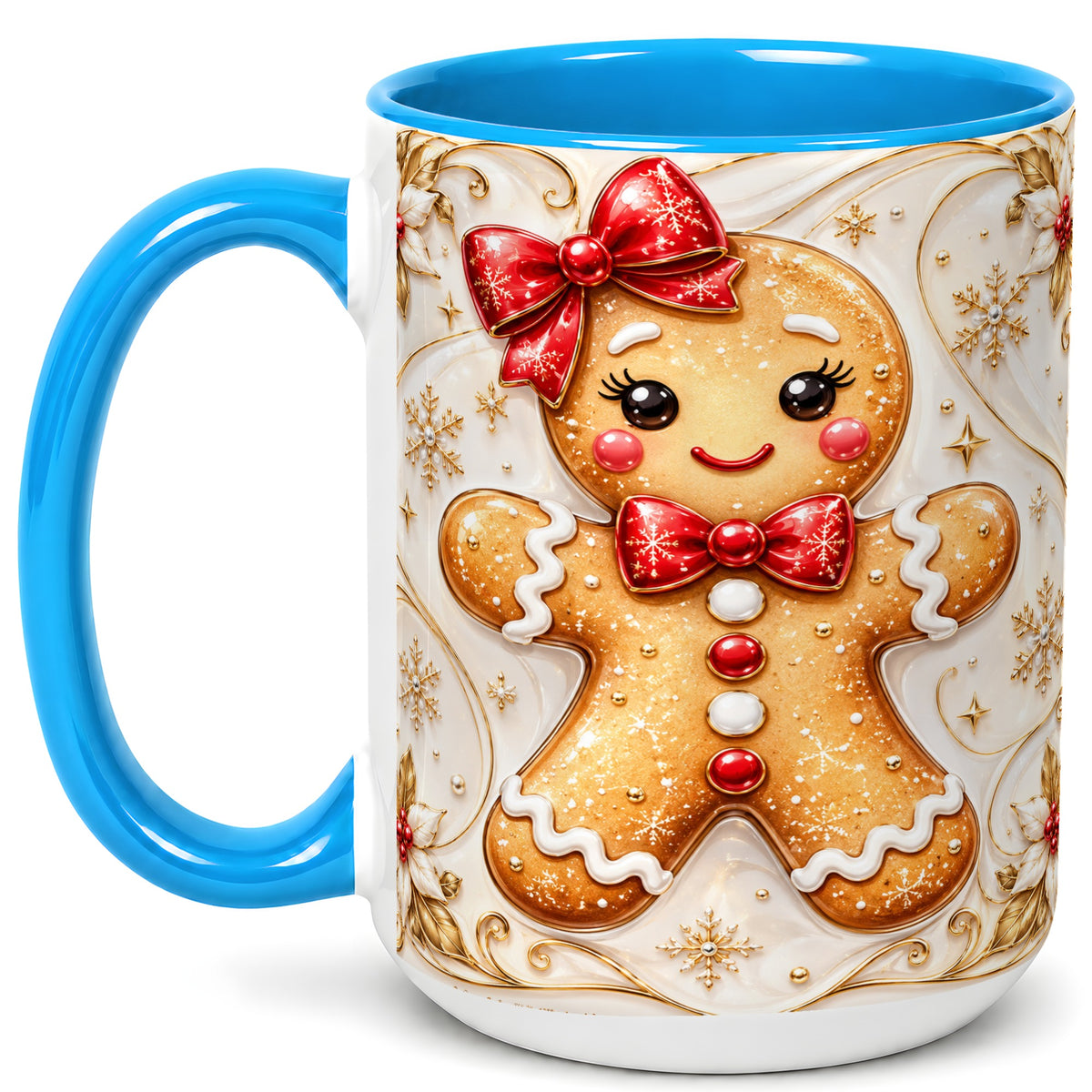 #pl[15oz|Blue] Gingerbread Girl Coffee Mug, Gold Christmas Mug, Ceramic Cup