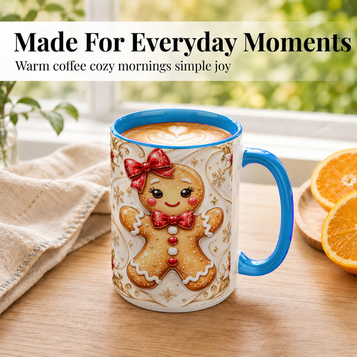 #pl[15oz|Blue] Gingerbread Girl Coffee Mug, Gold Christmas Mug, Ceramic Cup