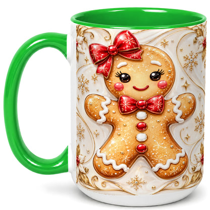 #pl[15oz|Green] Gingerbread Girl Coffee Mug, Gold Christmas Mug, Ceramic Cup