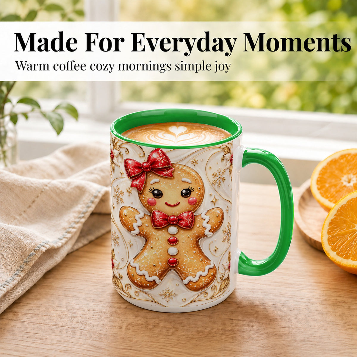 #pl[15oz|Green] Gingerbread Girl Coffee Mug, Gold Christmas Mug, Ceramic Cup