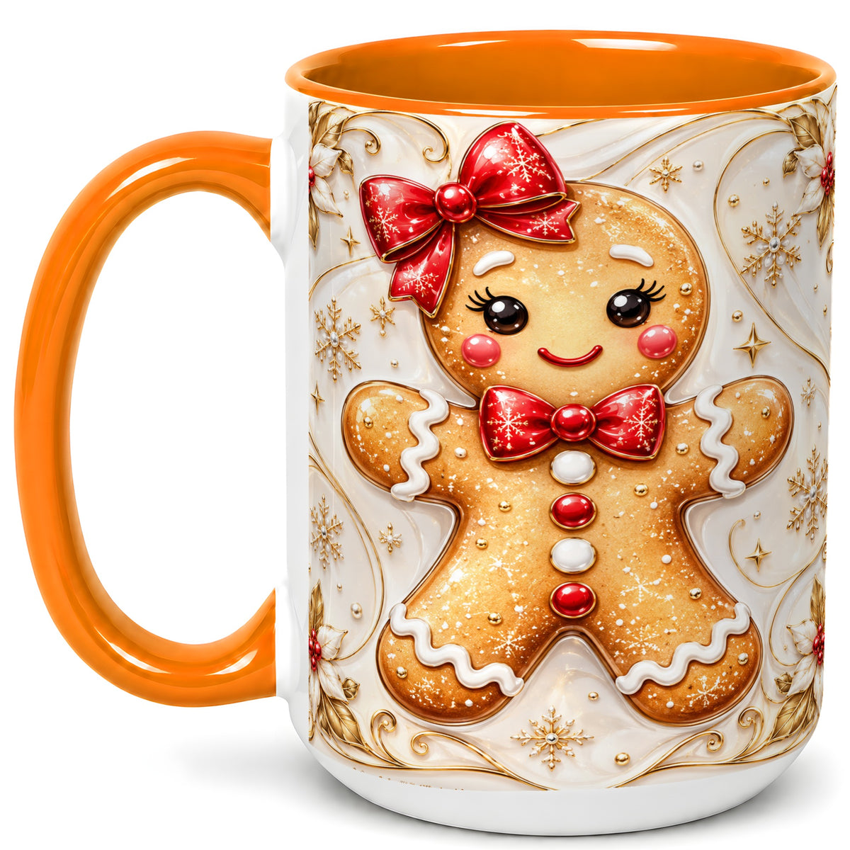 #pl[15oz|Orange] Gingerbread Girl Coffee Mug, Gold Christmas Mug, Ceramic Cup