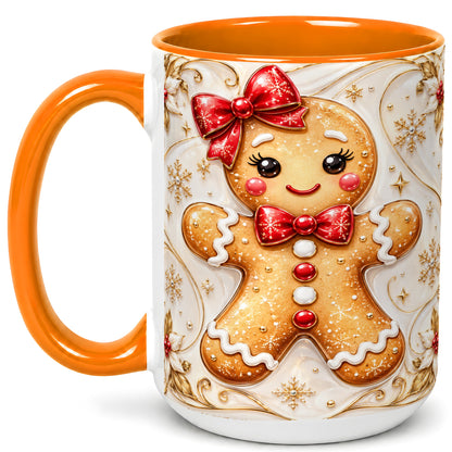 #pl[15oz|Orange] Gingerbread Girl Coffee Mug, Gold Christmas Mug, Ceramic Cup