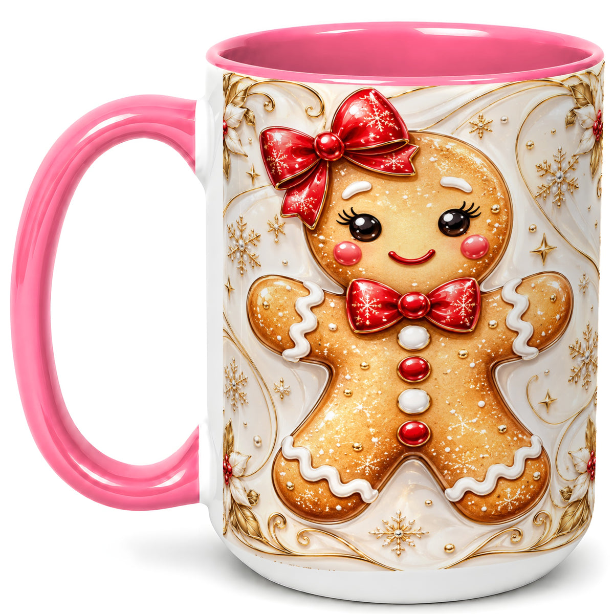 #pl[15oz|Pink] Gingerbread Girl Coffee Mug, Gold Christmas Mug, Ceramic Cup