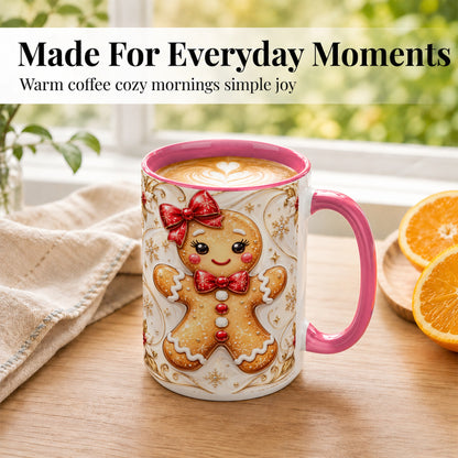#pl[15oz|Pink] Gingerbread Girl Coffee Mug, Gold Christmas Mug, Ceramic Cup