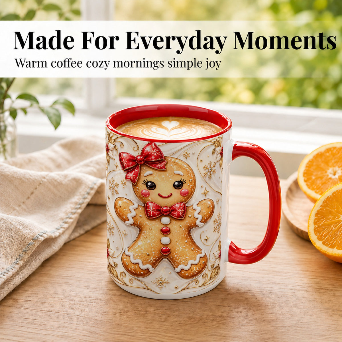 #pl[15oz|Red] Gingerbread Girl Coffee Mug, Gold Christmas Mug, Ceramic Cup
