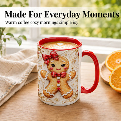 #pl[15oz|Red] Gingerbread Girl Coffee Mug, Gold Christmas Mug, Ceramic Cup