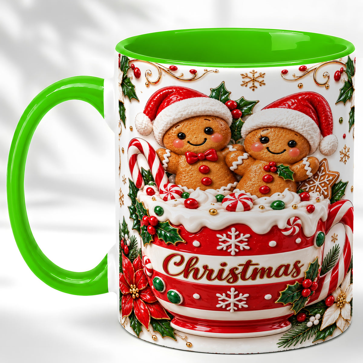 #pl[11oz|Green] Gingerbread Couple Coffee Mug, Christmas Mug, Ceramic Cup
