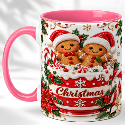 #pl[11oz|Pink] Gingerbread Couple Coffee Mug, Christmas Mug, Ceramic Cup