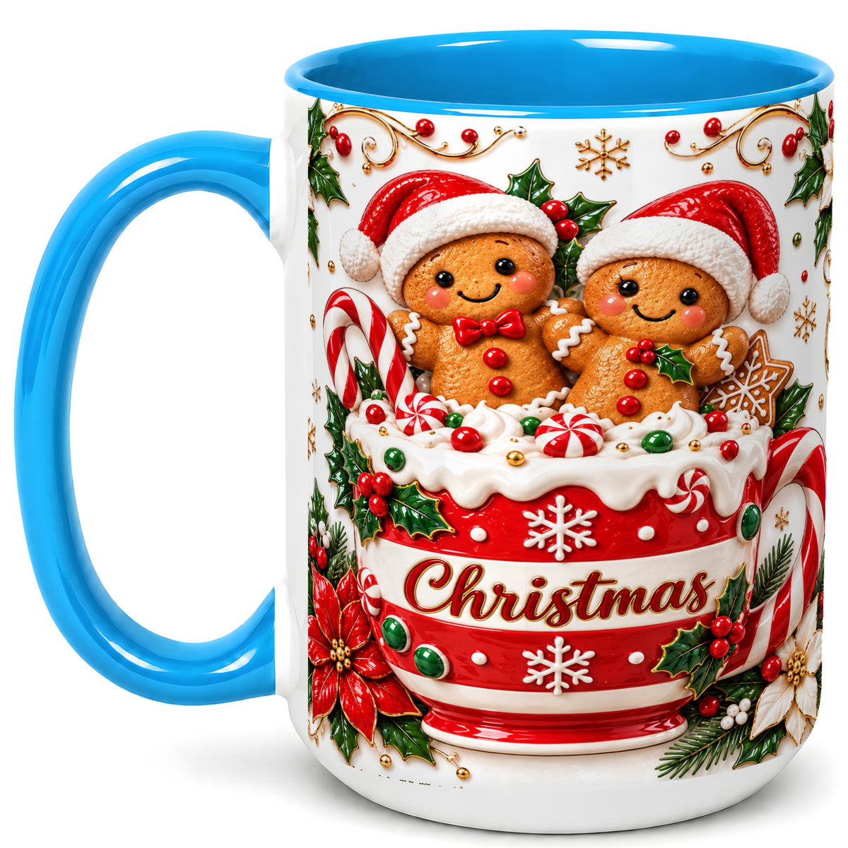 #pl[15oz|Blue] Gingerbread Couple Coffee Mug, Christmas Mug, Ceramic Cup