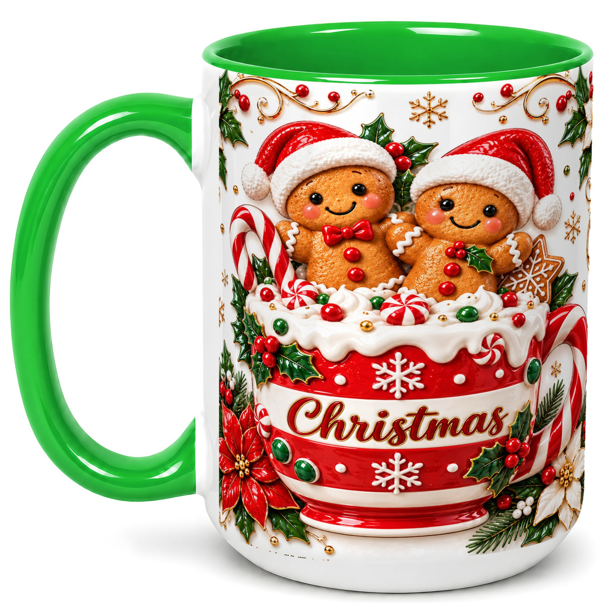 #pl[15oz|Green] Gingerbread Couple Coffee Mug, Christmas Mug, Ceramic Cup
