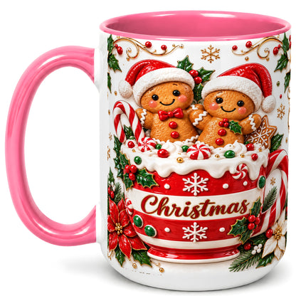 #pl[15oz|Pink] Gingerbread Couple Coffee Mug, Christmas Mug, Ceramic Cup