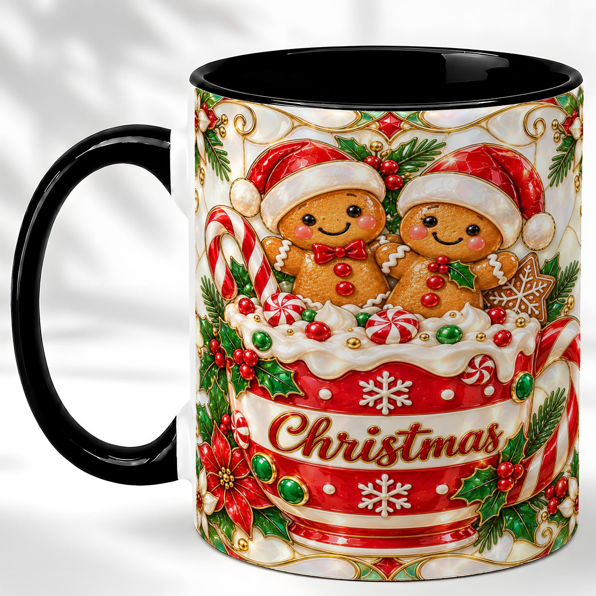 #pl[11oz|Black] Gingerbread Couple Coffee Mug, Stained Glass Style Mug, Ceramic Cup