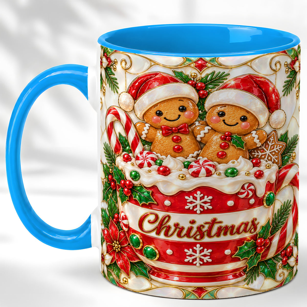 #pl[11oz|Blue] Gingerbread Couple Coffee Mug, Stained Glass Style Mug, Ceramic Cup