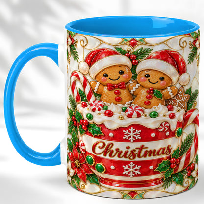 #pl[11oz|Blue] Gingerbread Couple Coffee Mug, Stained Glass Style Mug, Ceramic Cup