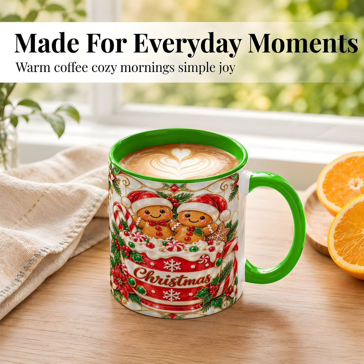 #pl[11oz|Green] Gingerbread Couple Coffee Mug, Stained Glass Style Mug, Ceramic Cup