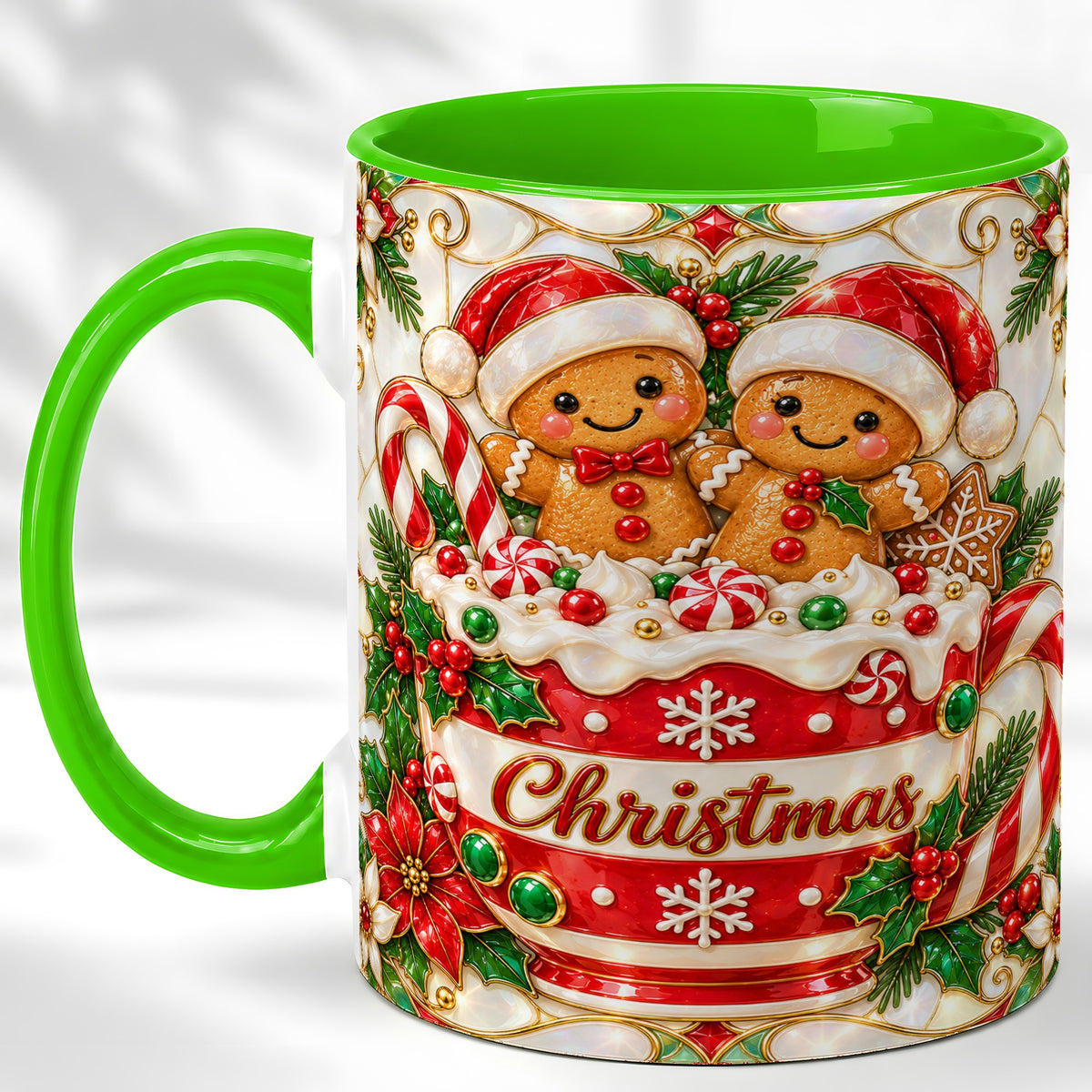 #pl[11oz|Green] Gingerbread Couple Coffee Mug, Stained Glass Style Mug, Ceramic Cup