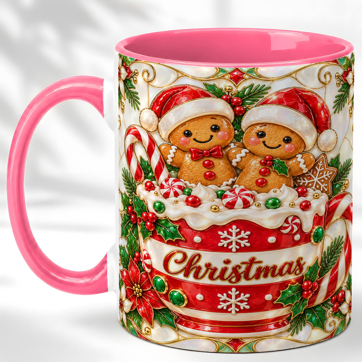 #pl[11oz|Pink] Gingerbread Couple Coffee Mug, Stained Glass Style Mug, Ceramic Cup