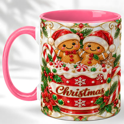 #pl[11oz|Pink] Gingerbread Couple Coffee Mug, Stained Glass Style Mug, Ceramic Cup