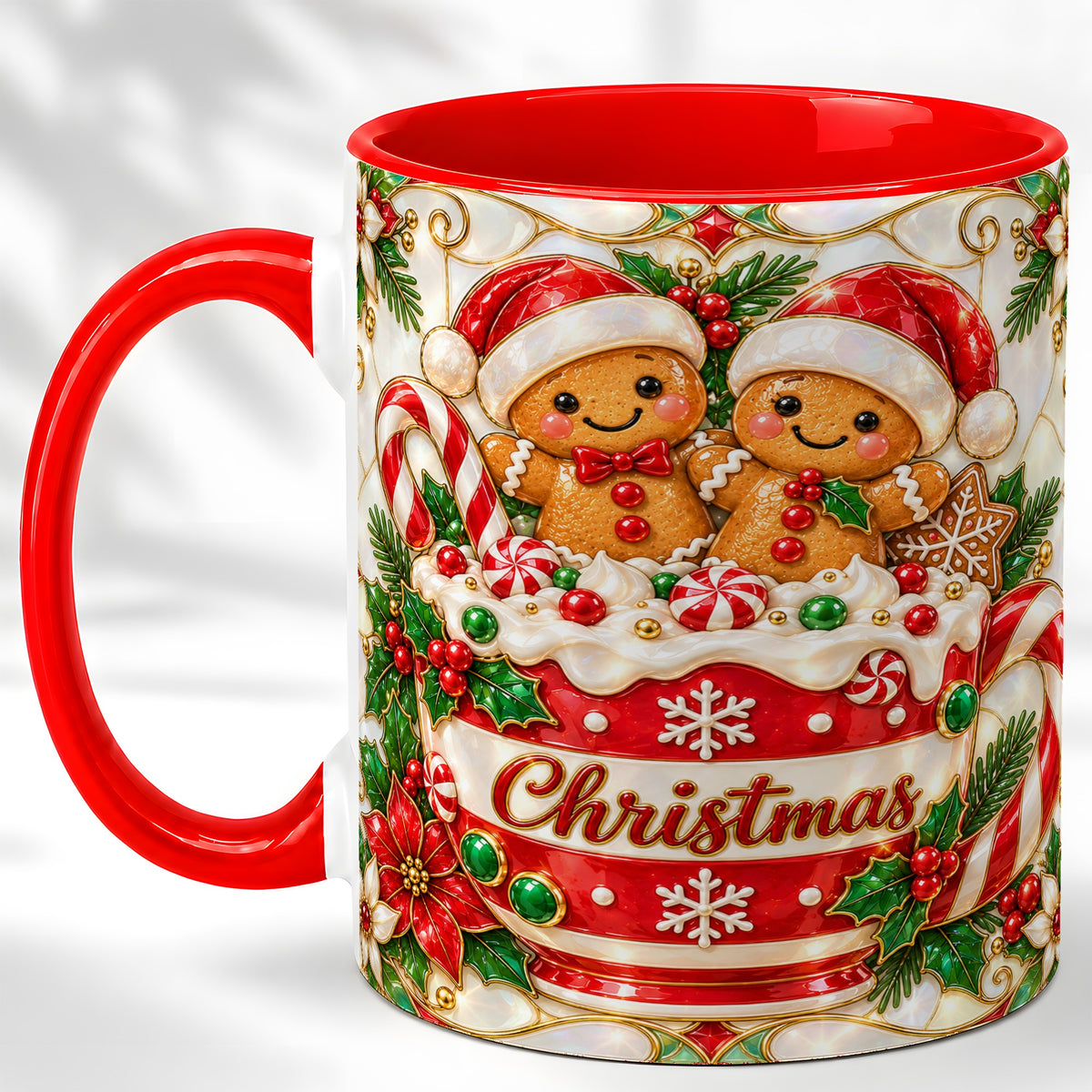Gingerbread Couple Coffee Mug, Stained Glass Style Mug, Ceramic Cup