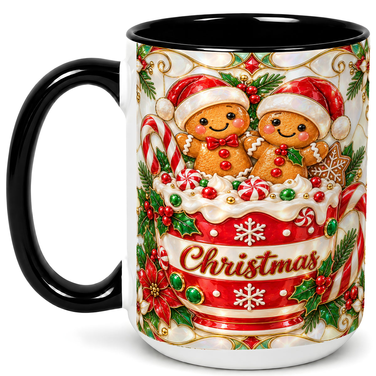 #pl[15oz|Black] Gingerbread Couple Coffee Mug, Stained Glass Style Mug, Ceramic Cup