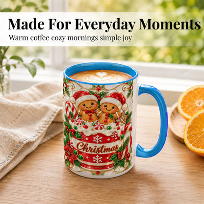 #pl[15oz|Blue] Gingerbread Couple Coffee Mug, Stained Glass Style Mug, Ceramic Cup