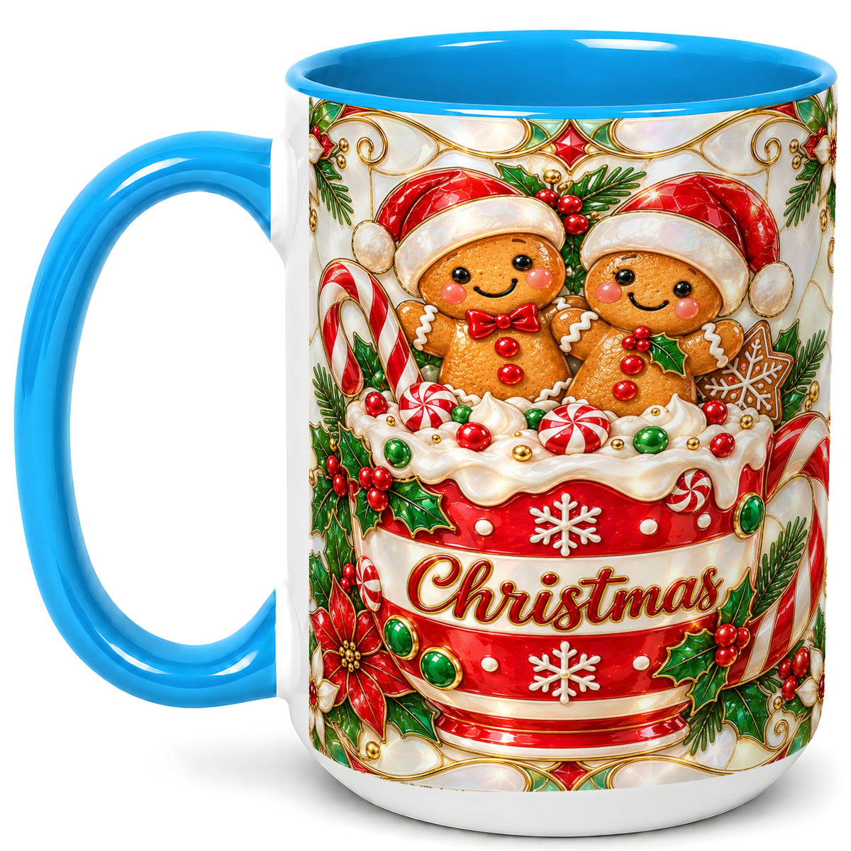 #pl[15oz|Blue] Gingerbread Couple Coffee Mug, Stained Glass Style Mug, Ceramic Cup