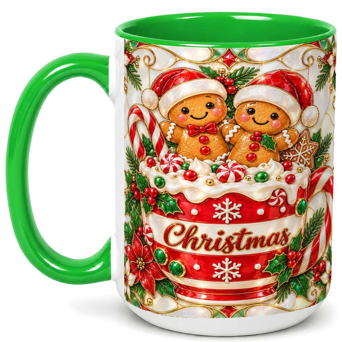 #pl[15oz|Green] Gingerbread Couple Coffee Mug, Stained Glass Style Mug, Ceramic Cup